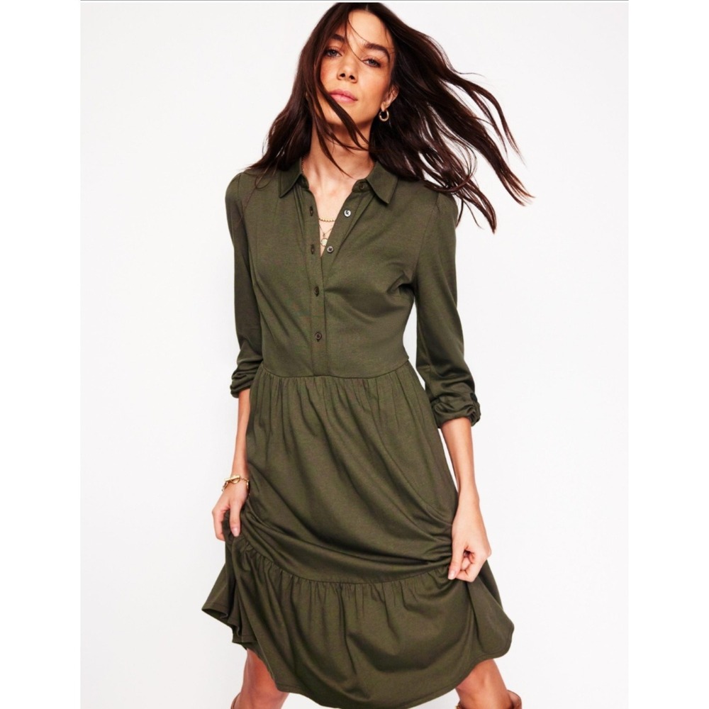 Boden Dress Womens 8 Tall Green Jersey Collared Shirt Knee‎ Length Tiered